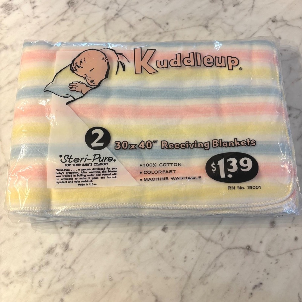 Kuddleup Vintage Receiving Blankets 2 Pack Pastel Striped 100% Cotton 30x40 USA